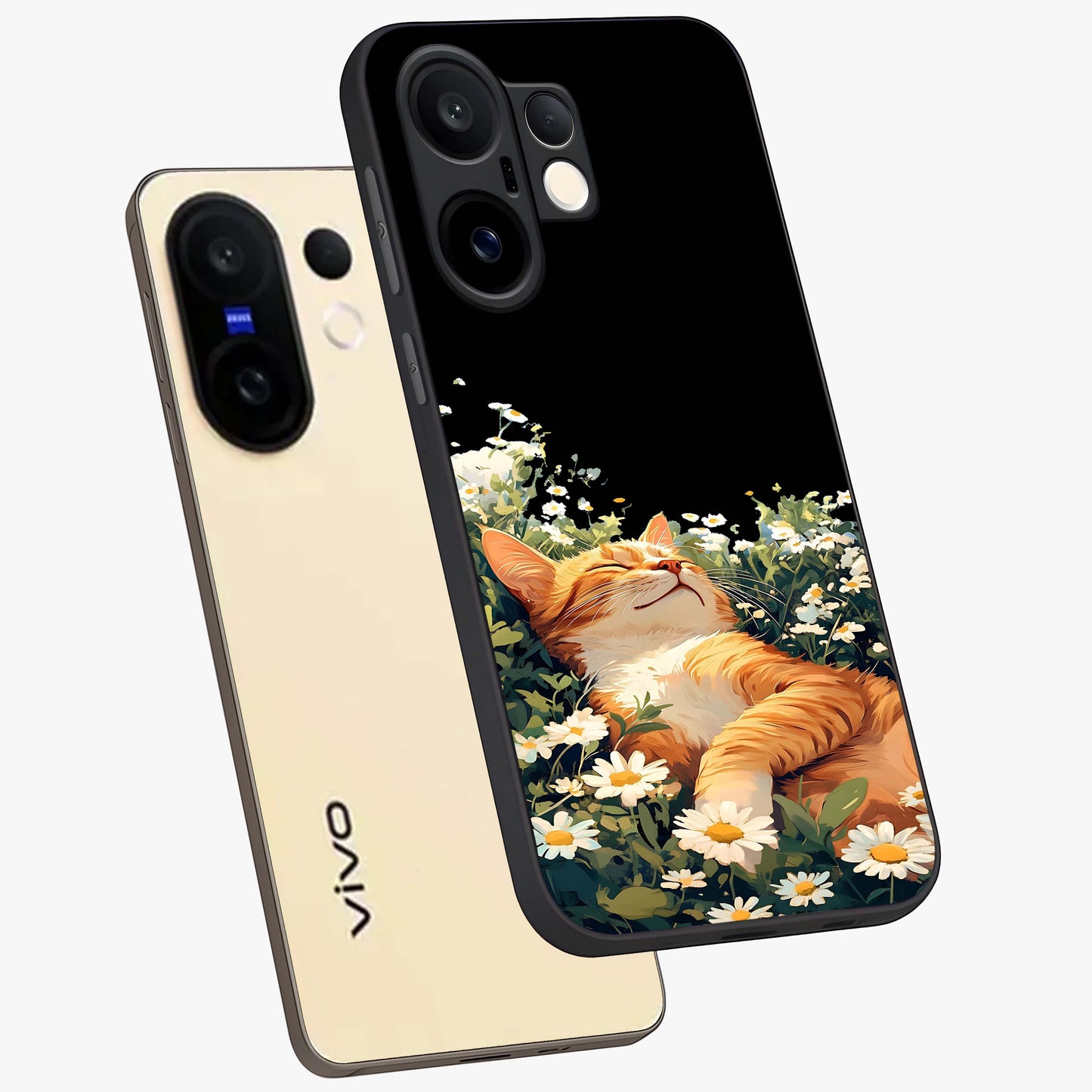 Blissful Bloom Cat Glass Case displayed in angled mockup highlighting playful feline illustration with soft floral aesthetic.