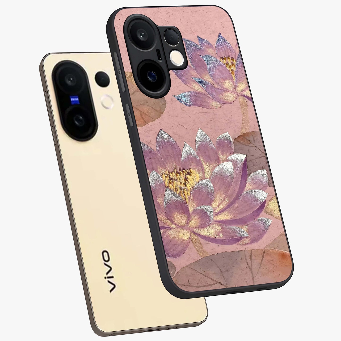 Blossom Mist Lotus Glass Case displayed in angled mockup highlighting delicate lotus illustration with calm aesthetic theme.