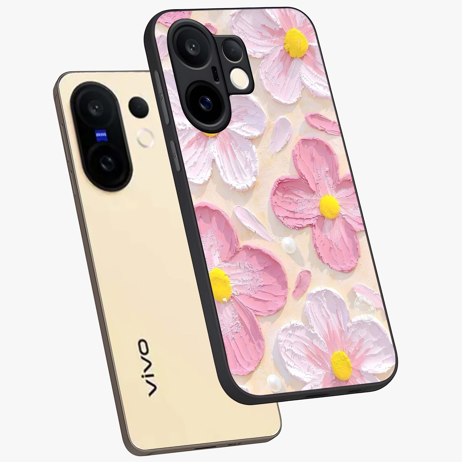 Blush Bloom Texture Glass Case displayed in angled mockup highlighting subtle bloom pattern with aesthetic pastel design.