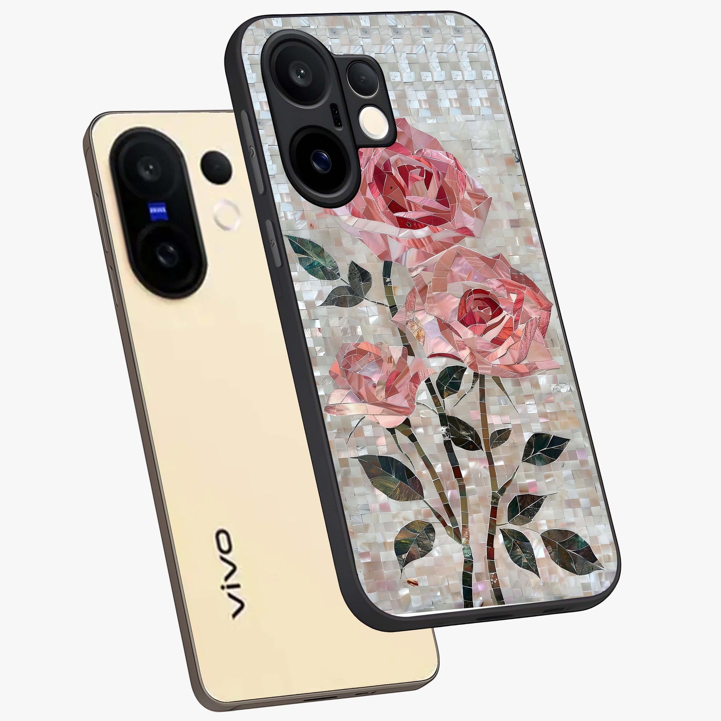 Blush Mosaic Bloom Glass Case displayed in angled mockup highlighting artistic mosaic flower pattern with aesthetic design.