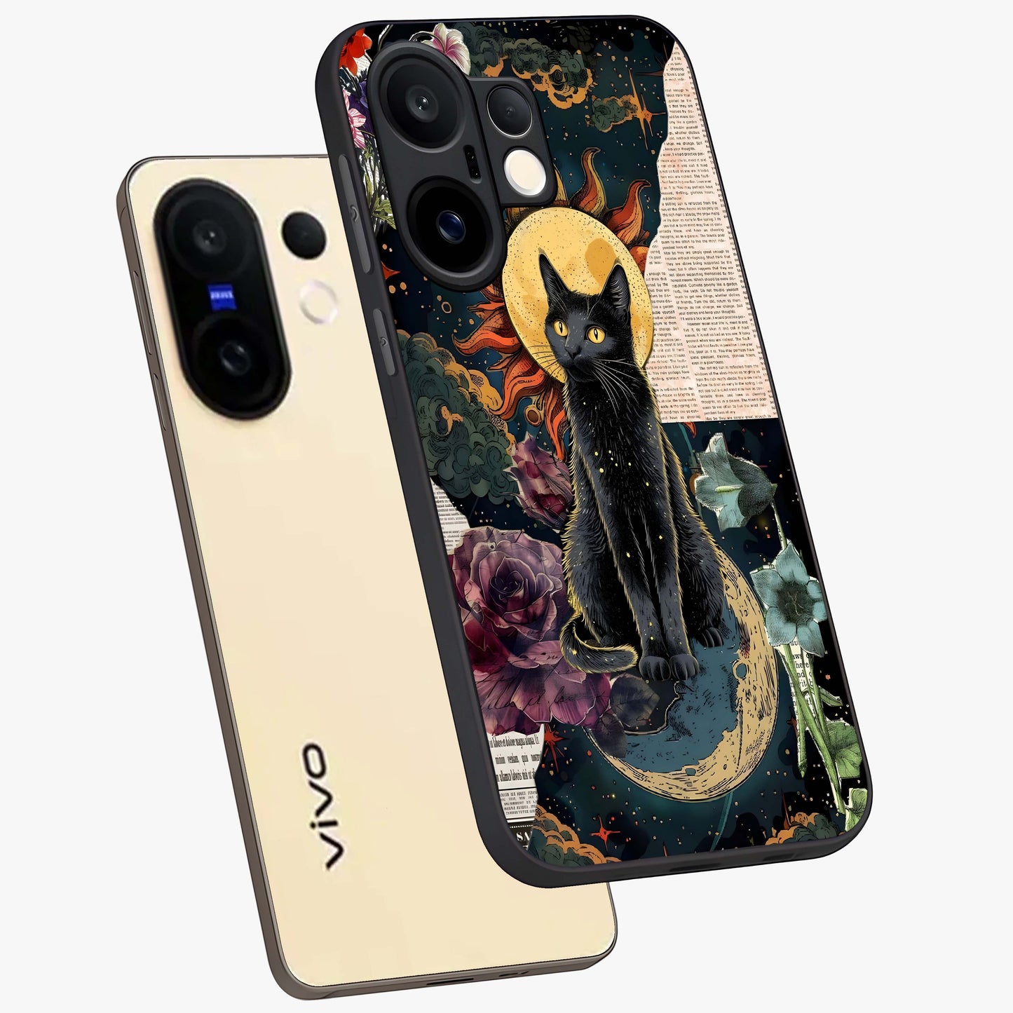 Celestial Black Cat Glass Case displayed in angled mockup highlighting cosmic black cat design with celestial aesthetic.