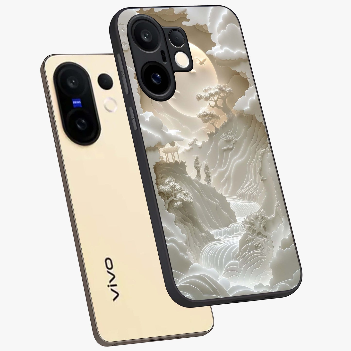 Celestial Origami Glass Case displayed in angled mockup highlighting geometric origami design with cosmic aesthetic theme.
