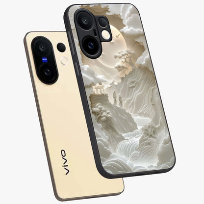 Celestial Origami Glass Case displayed in angled mockup highlighting geometric origami design with cosmic aesthetic theme.