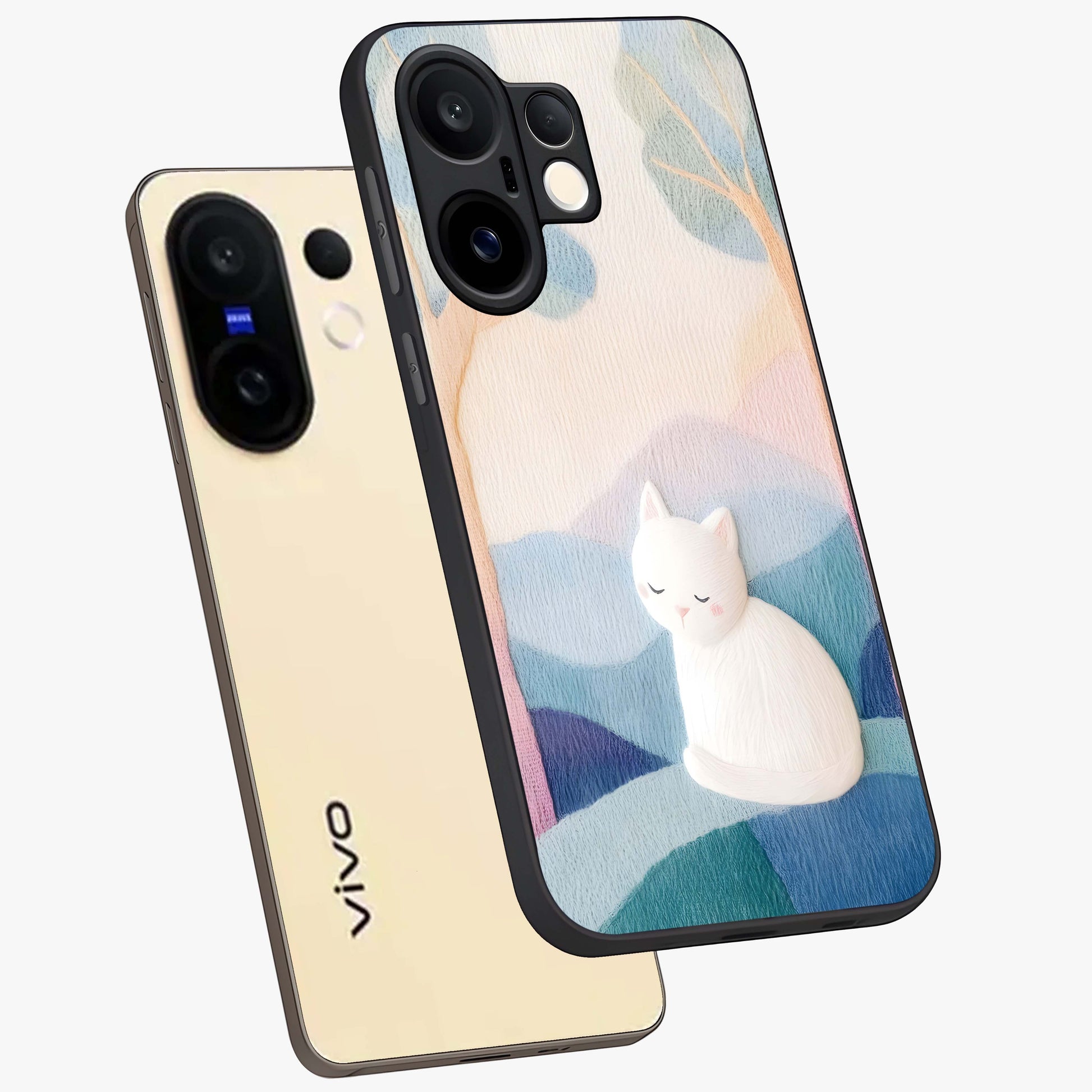Cotton Dream Cat Glass Case displayed in angled mockup highlighting cute feline illustration with pastel aesthetic style.