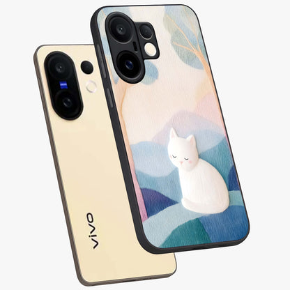 Cotton Dream Cat Glass Case displayed in angled mockup highlighting cute feline illustration with pastel aesthetic style.