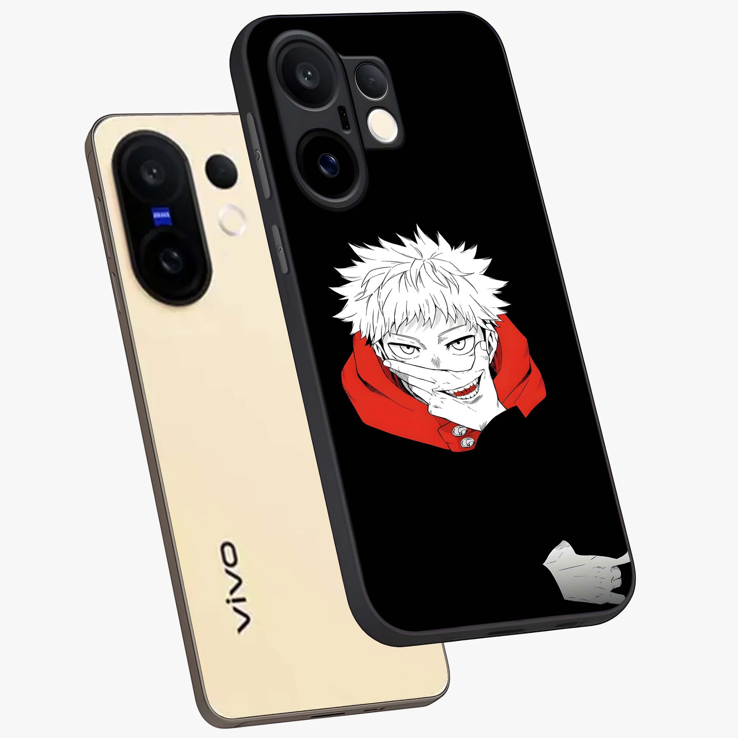 Crimson Chaos Smile Glass Case displayed in angled mockup highlighting edgy crimson smile design with graphic aesthetic.