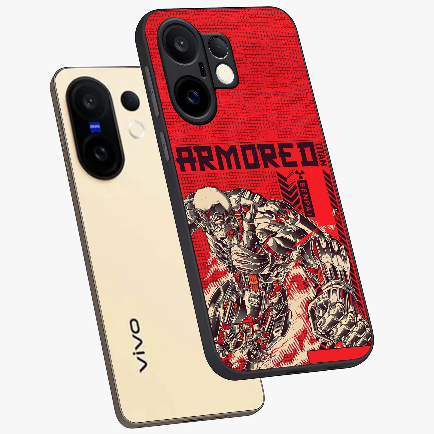 Crimson Mecha Titan Glass Case displayed in angled mockup highlighting futuristic mech illustration with bold crimson aesthetic.