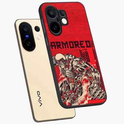 Crimson Mecha Titan Glass Case displayed in angled mockup highlighting futuristic mech illustration with bold crimson aesthetic.