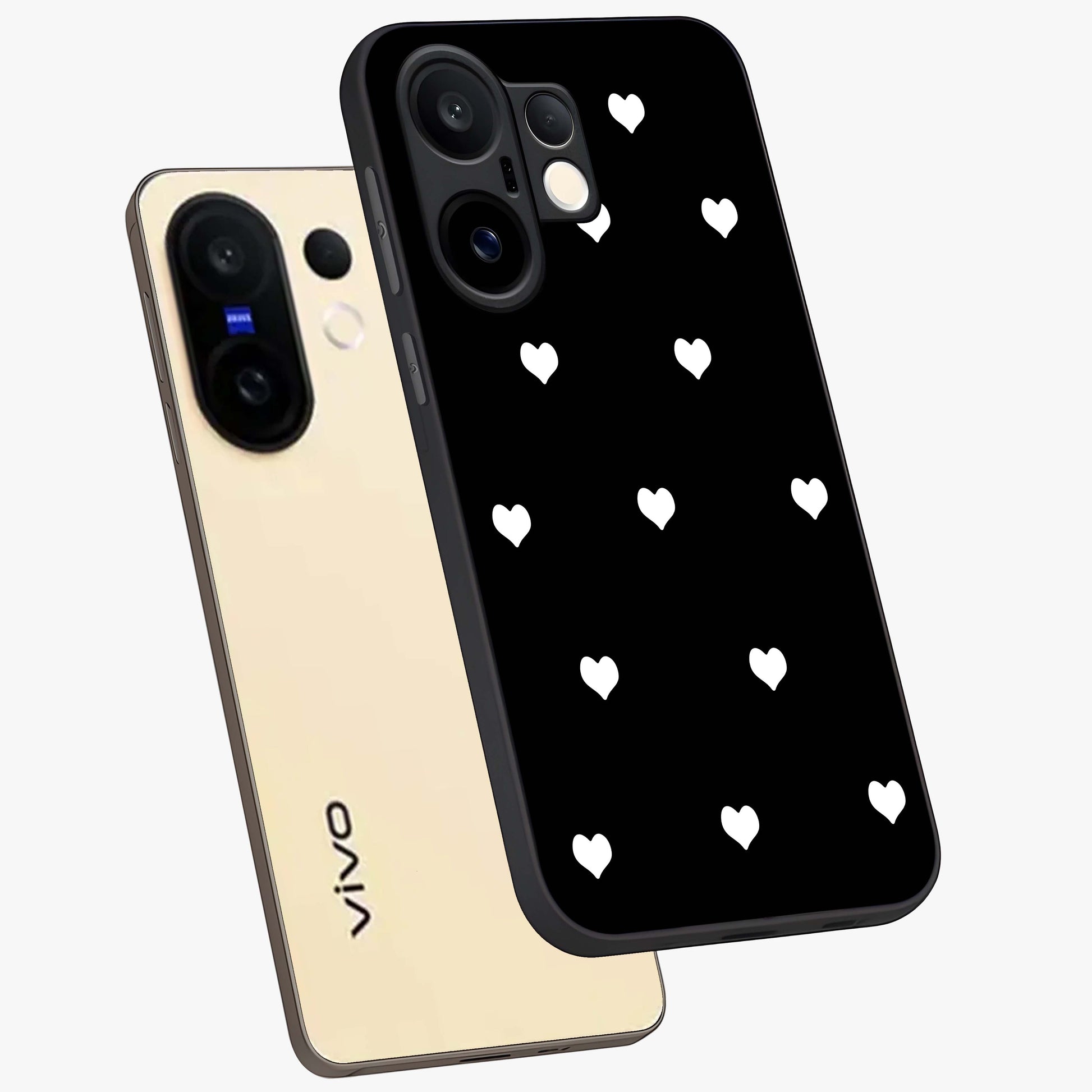 Cute And Simple White Hearts Glass Case displayed in angled mockup highlighting cute heart design with clean aesthetic style.