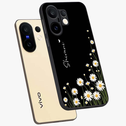 Daisy Cascade Custom Name Glass Case displayed in angled mockup highlighting delicate daisy artwork with custom name feature.