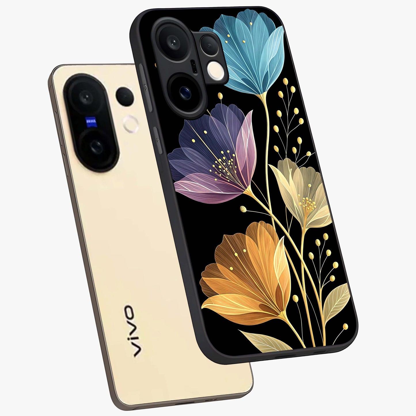 Delicate Multicolor Flowers Glass Case displayed in angled mockup highlighting colorful flower pattern with soft aesthetic style.