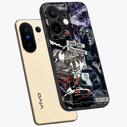 Die Young Glass Case displayed in angled mockup highlighting expressive graphic artwork with edgy aesthetic style.
