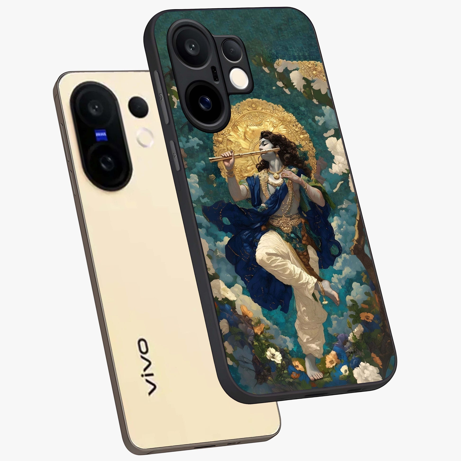 Divine Krishna Art Glass Case displayed in angled mockup highlighting spiritual Krishna illustration with devotional aesthetic.