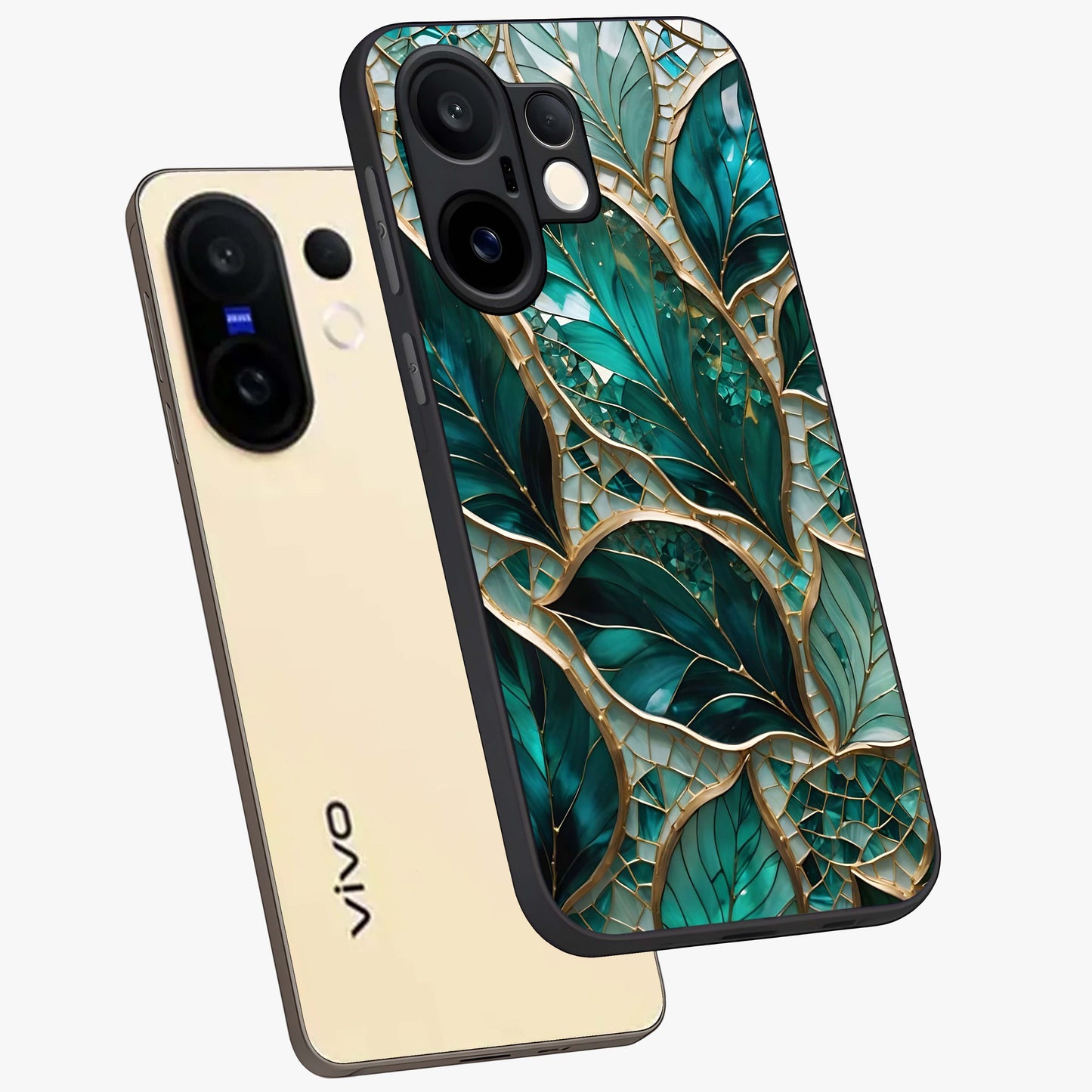 Emerald Leaf Glass Glass Case displayed in angled mockup highlighting botanical leaf illustration with elegant natural aesthetic.