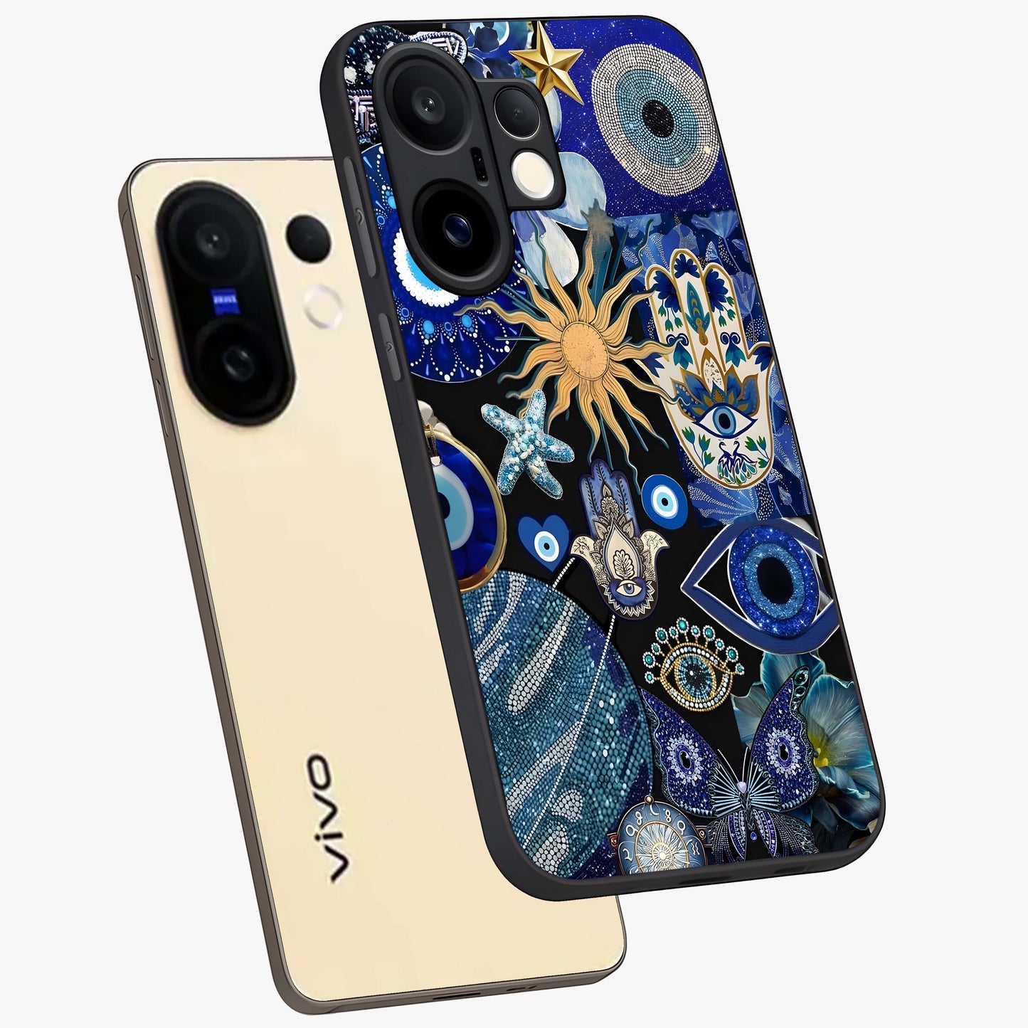 Evil Eye Charm Mix Glass Case displayed in angled mockup highlighting protective evil eye symbols with spiritual aesthetic design.