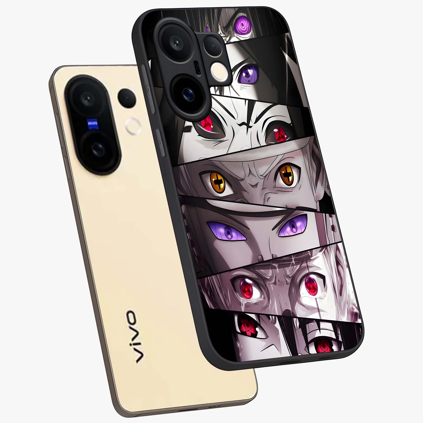 Eyes of Destiny Glass Case displayed in angled mockup highlighting bold eye illustration with mystical aesthetic style.