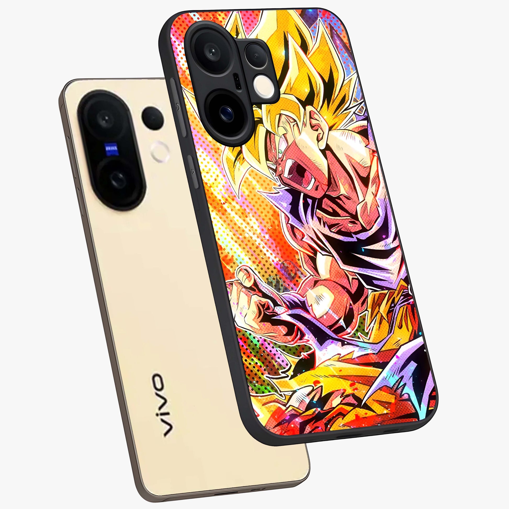 Firing Goku Glass Case displayed in angled mockup highlighting dynamic anime character design with action aesthetic.
