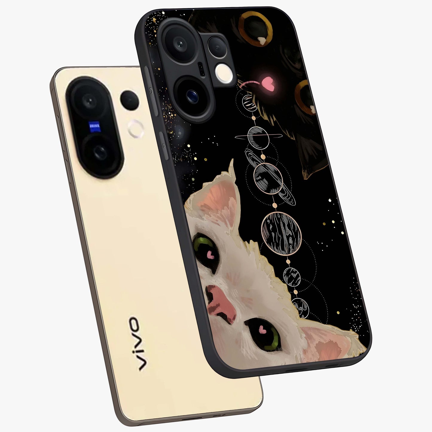Galactic Cat Glass Case displayed in angled mockup highlighting celestial feline illustration with galaxy aesthetic style.