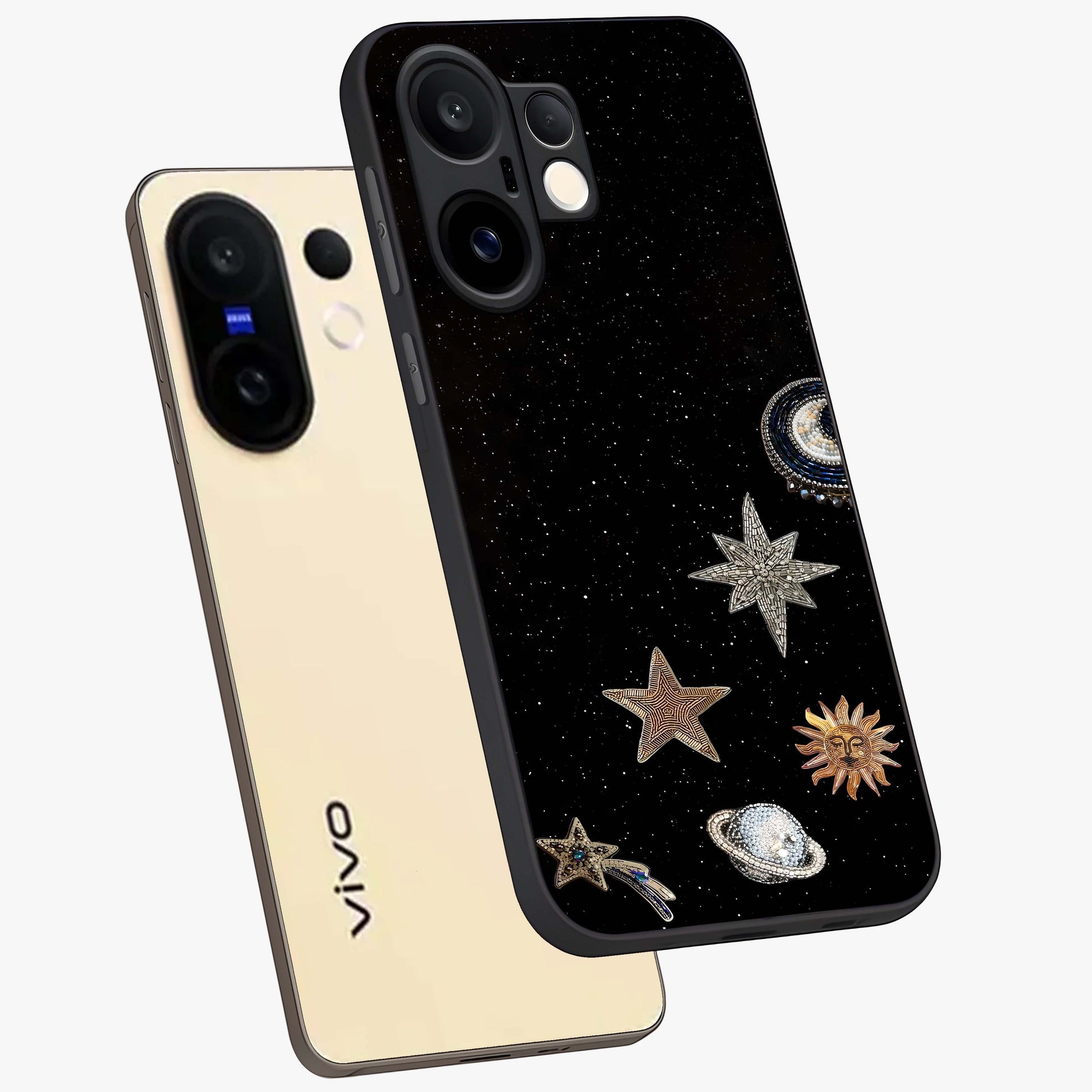 Galactic Charm Glow Glass Case displayed in angled mockup highlighting luminous galaxy inspired design with dreamy aesthetic.