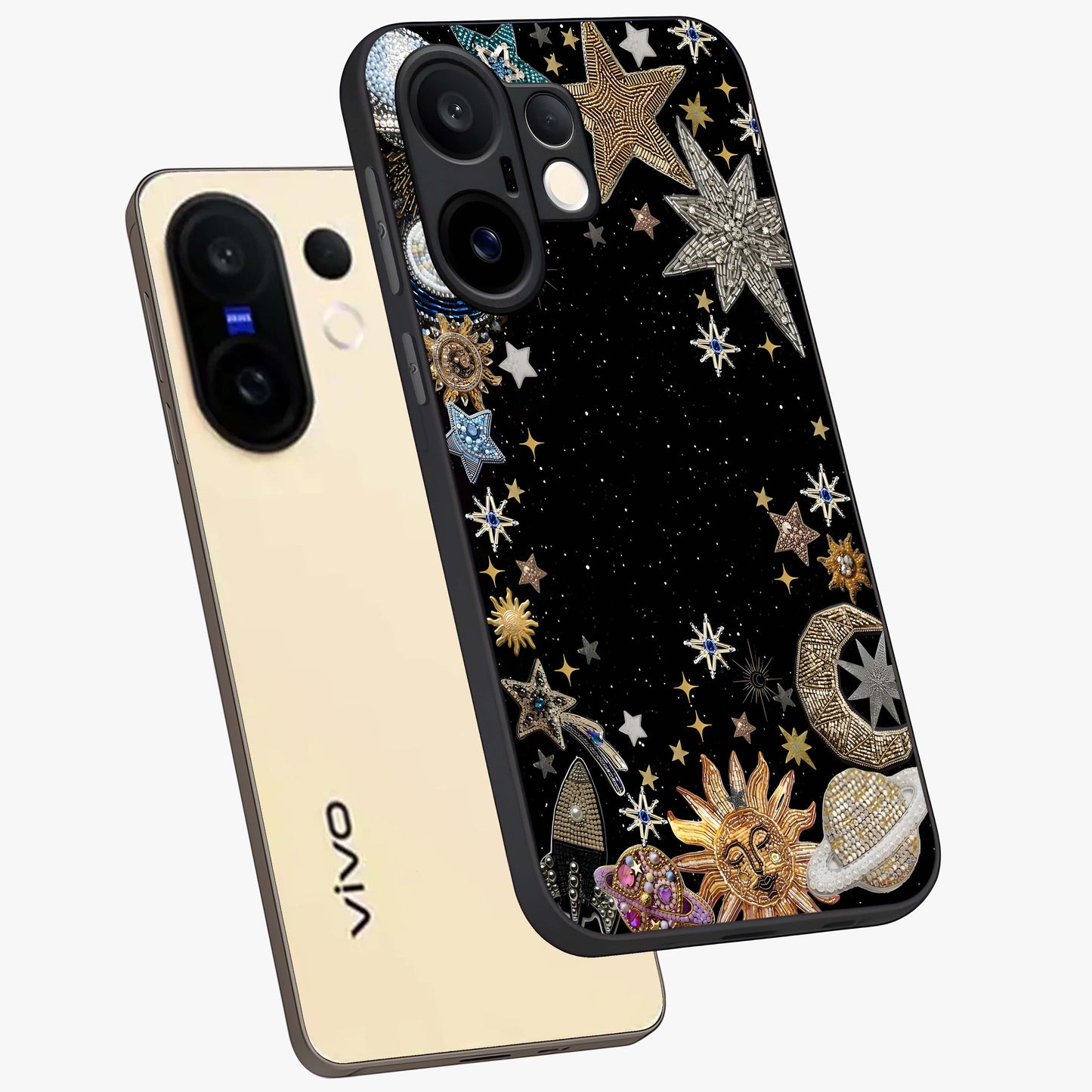 Galactic Jewel Stars Glass Case displayed in angled mockup highlighting shining celestial star design with cosmic aesthetic style.
