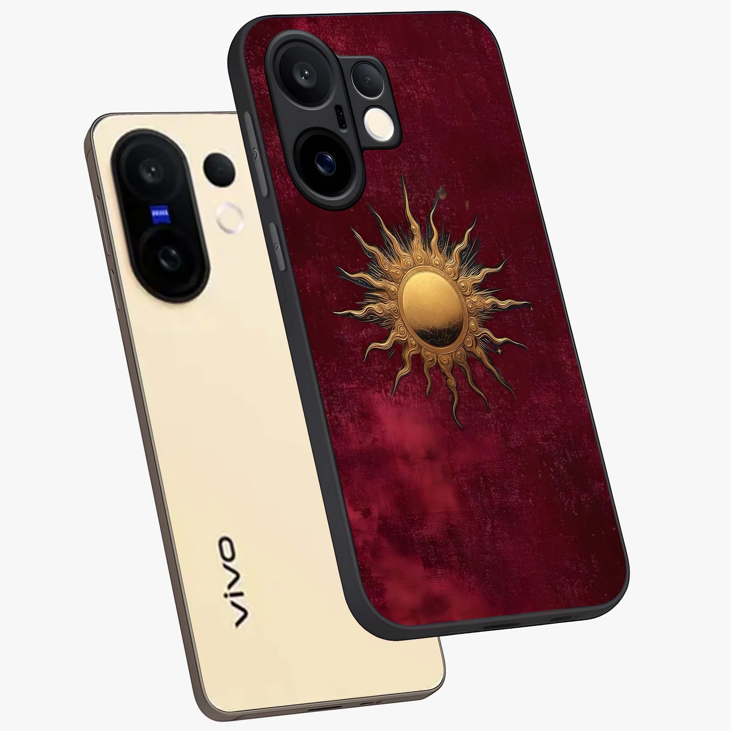 Golden Sun Minimalism Glass Case displayed in angled mockup highlighting clean sun symbol design with modern minimal aesthetic.