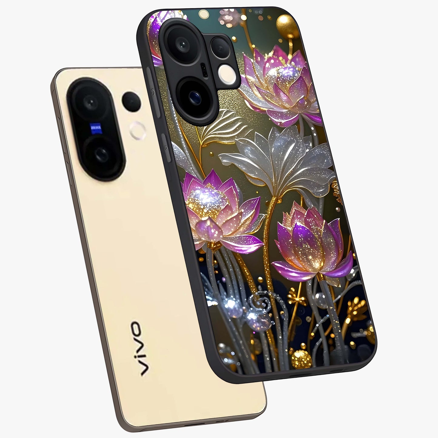 Golden Floral Majesty Glass Case displayed in angled mockup highlighting elegant flower design with royal golden aesthetic.