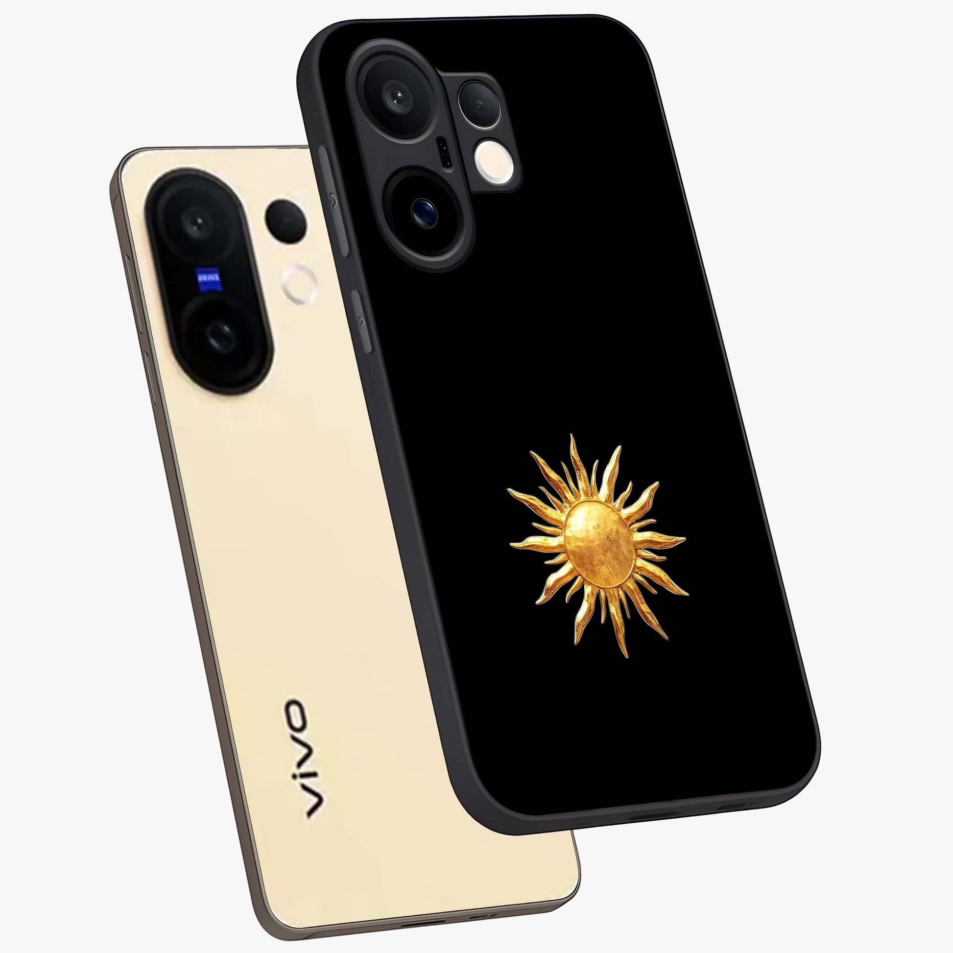 Golden Sun Minimalism Glass Case displayed in angled mockup highlighting eerie shadow illustration with gothic aesthetic.