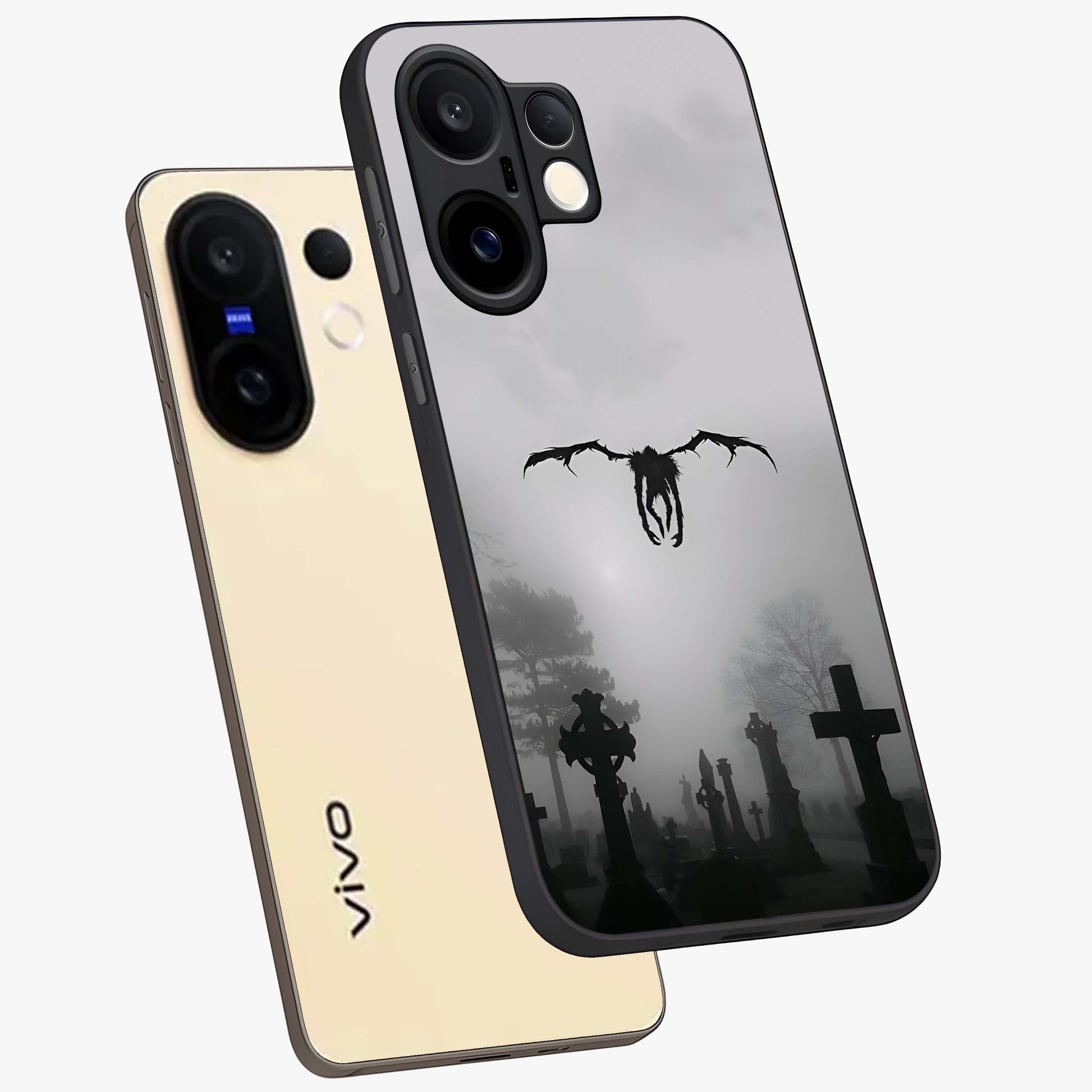 Graveyard Shadow Descent Glass Case displayed in angled mockup highlighting eerie shadow illustration with gothic aesthetic.