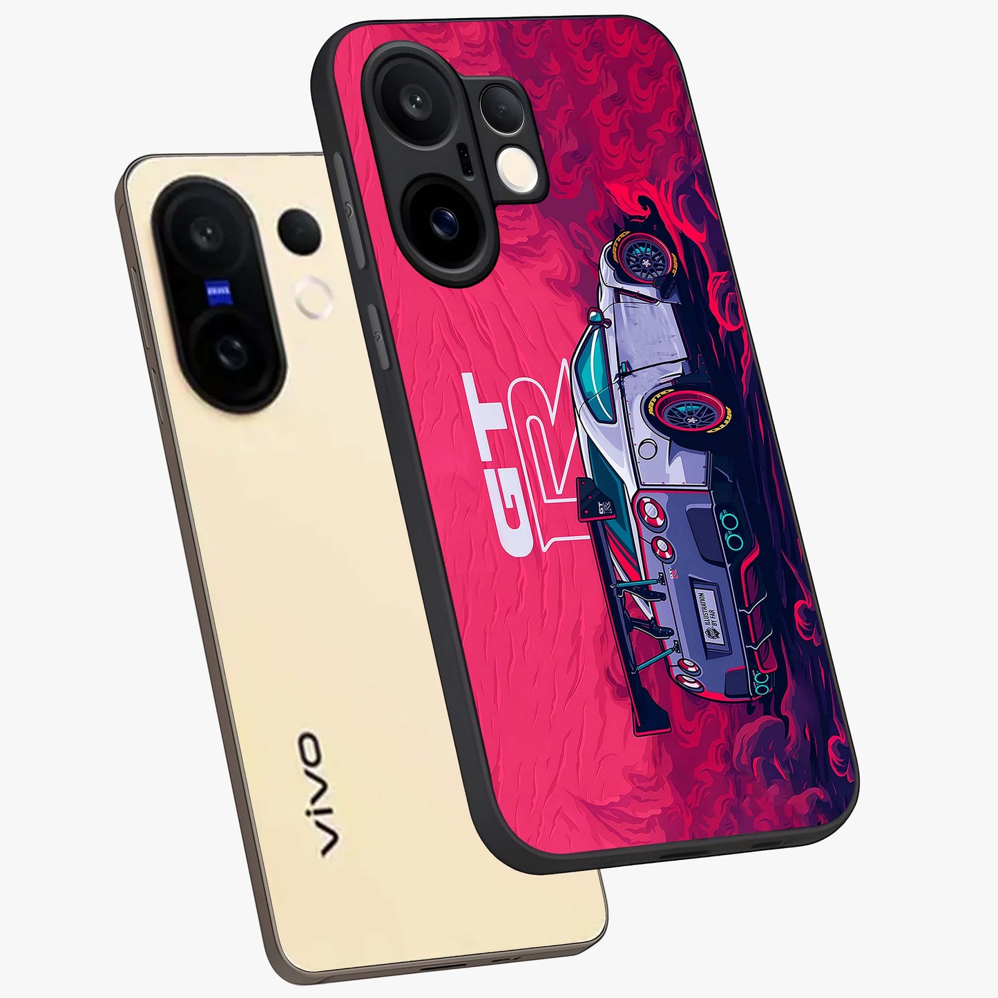 GT-R Car Pattern Glass Case displayed in angled mockup highlighting racing car graphic design with bold automotive aesthetic.