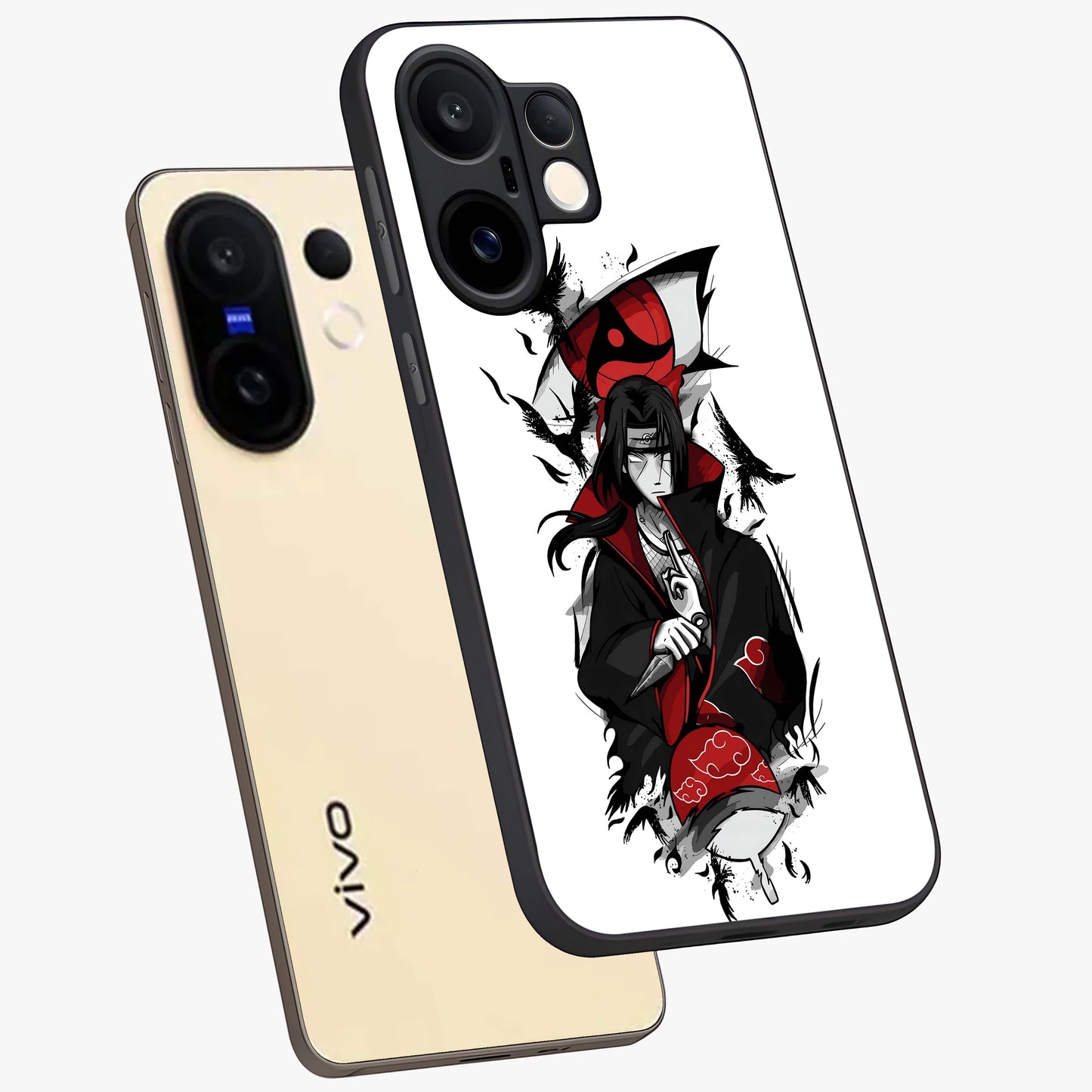 Itachi Limited Edition Naruto Anime Glass Case displayed in angled mockup highlighting dramatic anime illustration with bold action aesthetic.