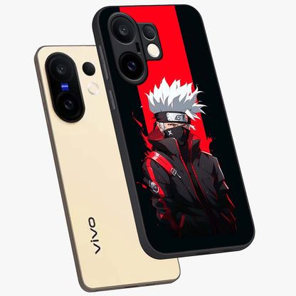 Kakashi Scarlet Shadow Glass Case displayed in angled mockup highlighting dramatic ninja illustration with scarlet themed aesthetic.