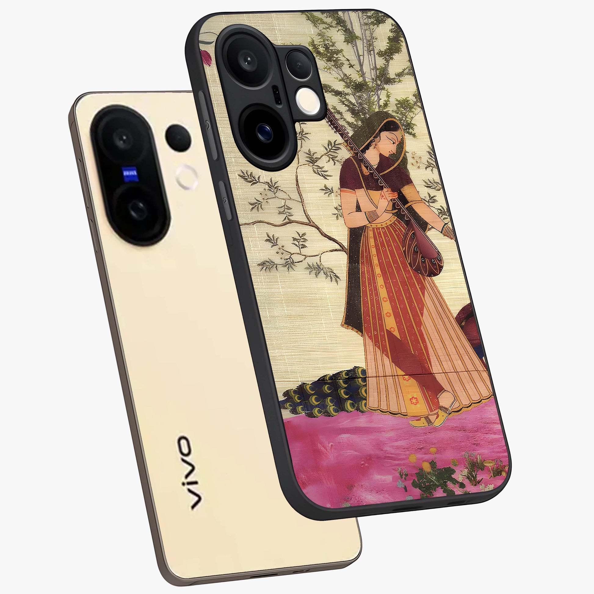 Lady With Veena Art Glass Case displayed in angled mockup highlighting graceful musical illustration with cultural artistic aesthetic.