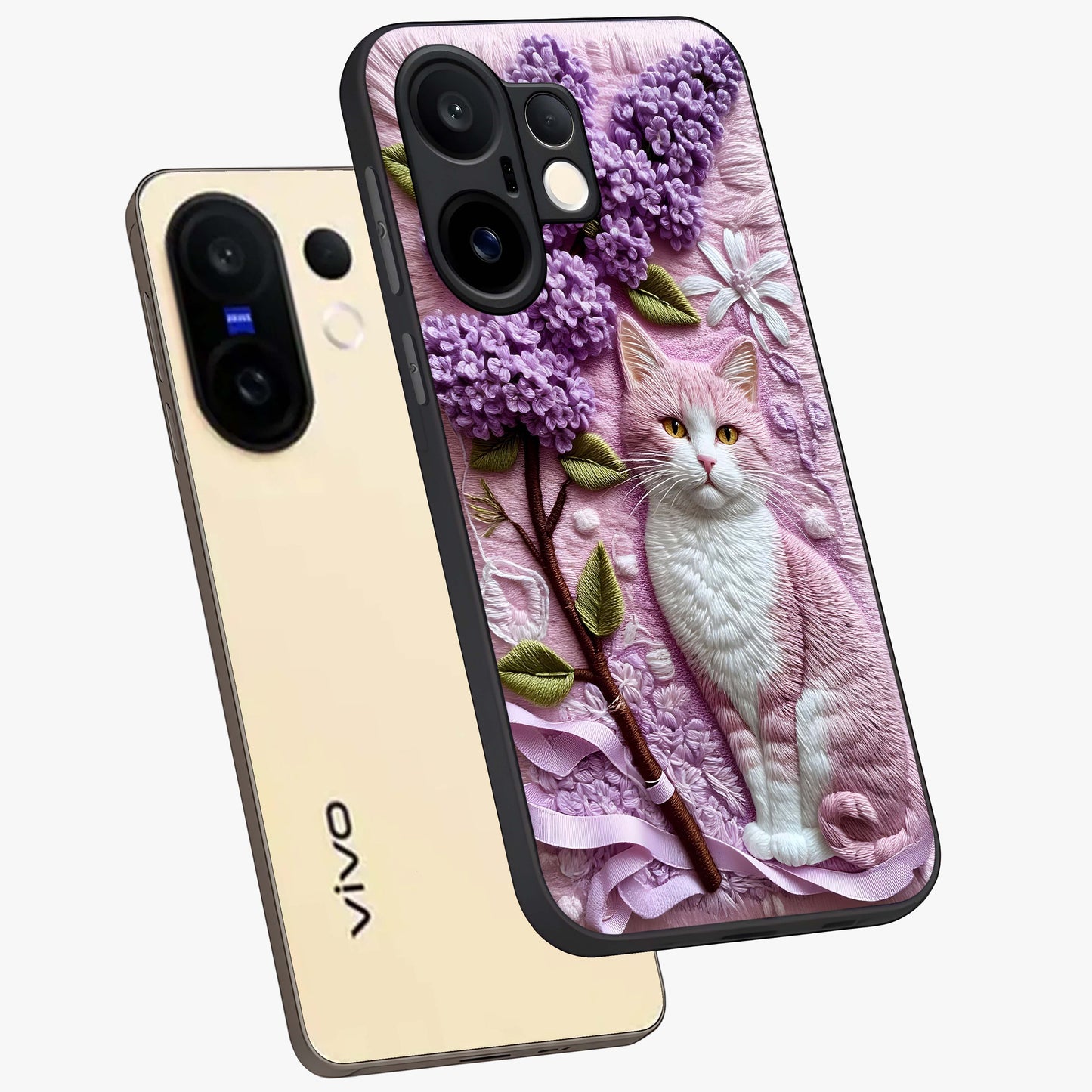 Lavender Cat Whimsy Glass Case displayed in angled mockup highlighting playful feline illustration with pastel lavender aesthetic.