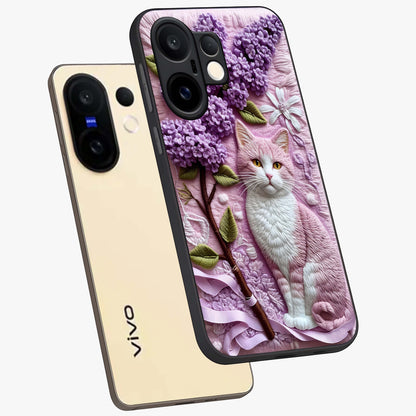 Lavender Cat Whimsy Glass Case displayed in angled mockup highlighting playful feline illustration with pastel lavender aesthetic.