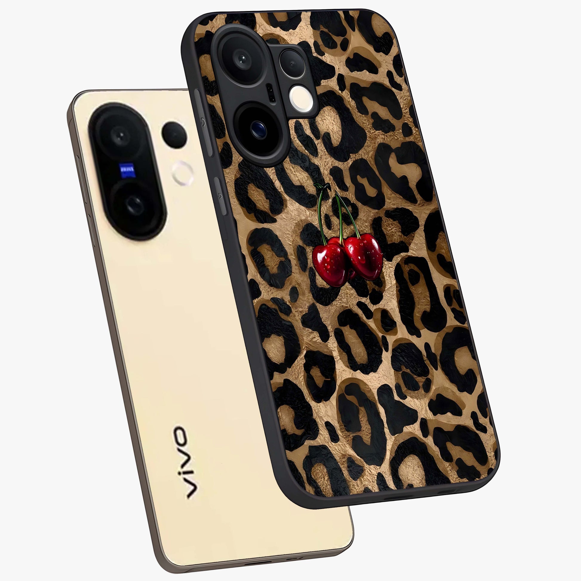 Leopard Wild Cherry Glass Case displayed in angled mockup highlighting bold animal print design with playful cherry aesthetic.