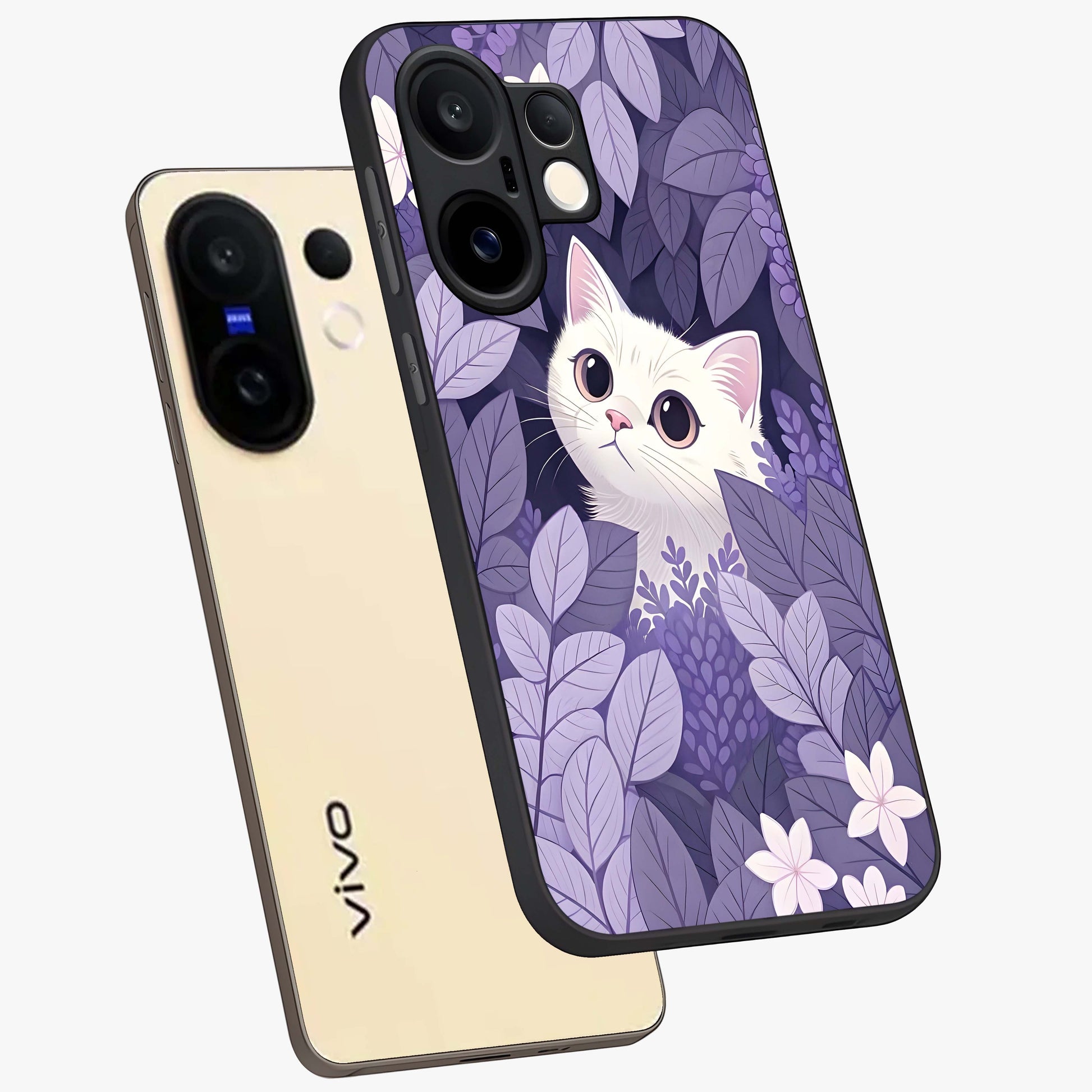 Lilac Hide Peek Cat Glass Case displayed in angled mockup highlighting playful feline illustration with lilac aesthetic design.