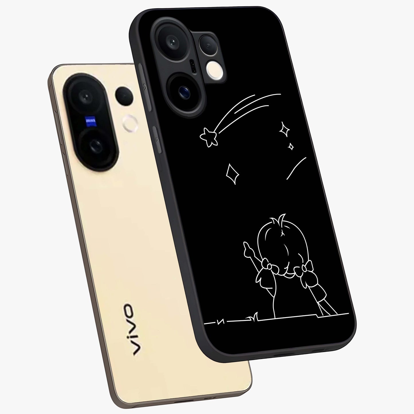 Line Art Girl With Shooting Stars Glass Case displayed in angled mockup highlighting elegant line art design with dreamy star aesthetic.