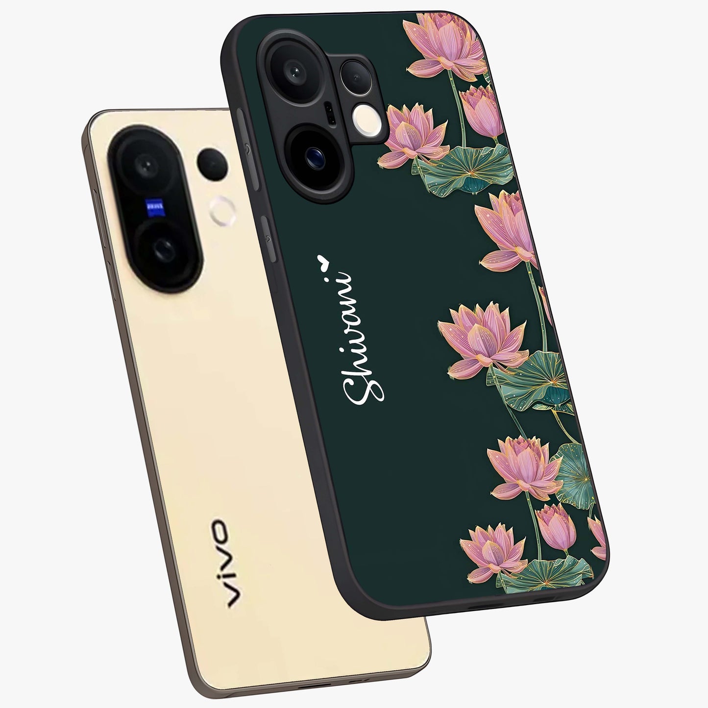 Lotus Bloom Serenity Custom Name Glass Case displayed in angled mockup highlighting graceful lotus illustration with custom name feature.