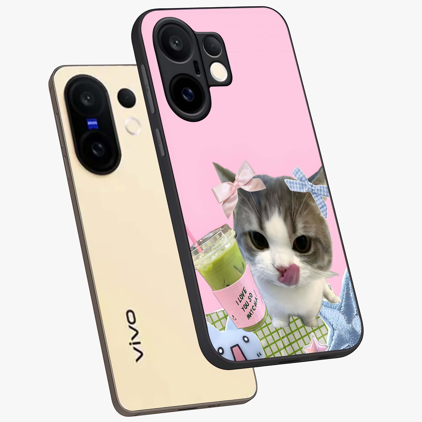 Love Matcha Cat Glass Case displayed in angled mockup highlighting playful feline illustration with cozy matcha aesthetic.