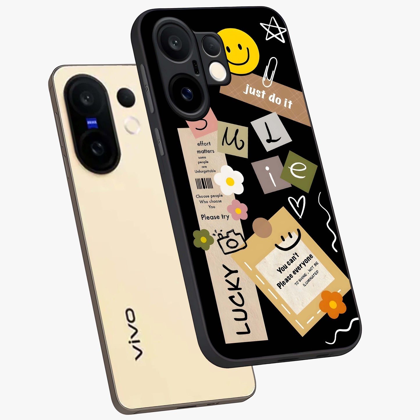 Lucky Aesthetic Collage Glass Case displayed in angled mockup highlighting stylish collage pattern with modern aesthetic vibe.