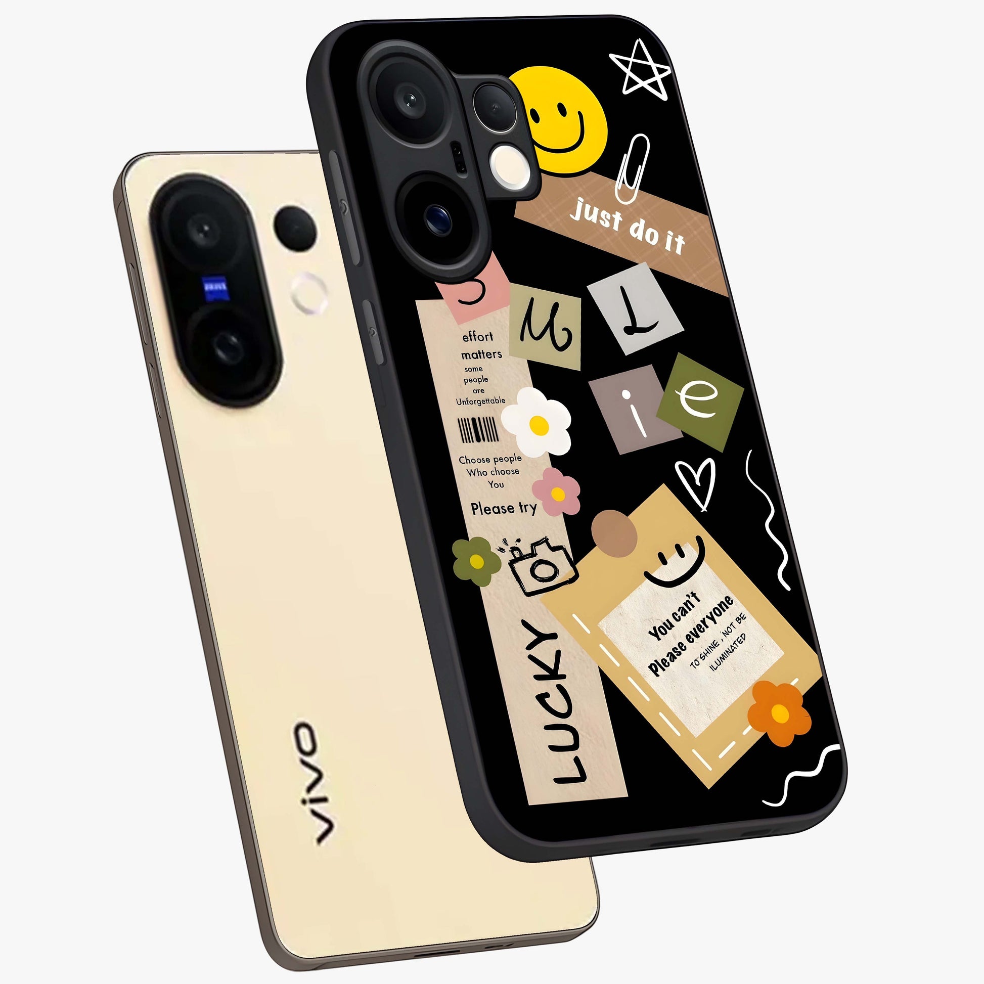 Lucky Aesthetic Collage Glass Case displayed in angled mockup highlighting stylish collage pattern with modern aesthetic vibe.