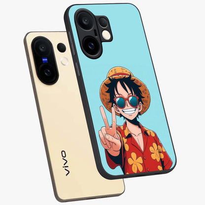 Luffy Summer Anime Vibe Glass Case displayed in angled mockup highlighting energetic anime illustration with summer vibe aesthetic.