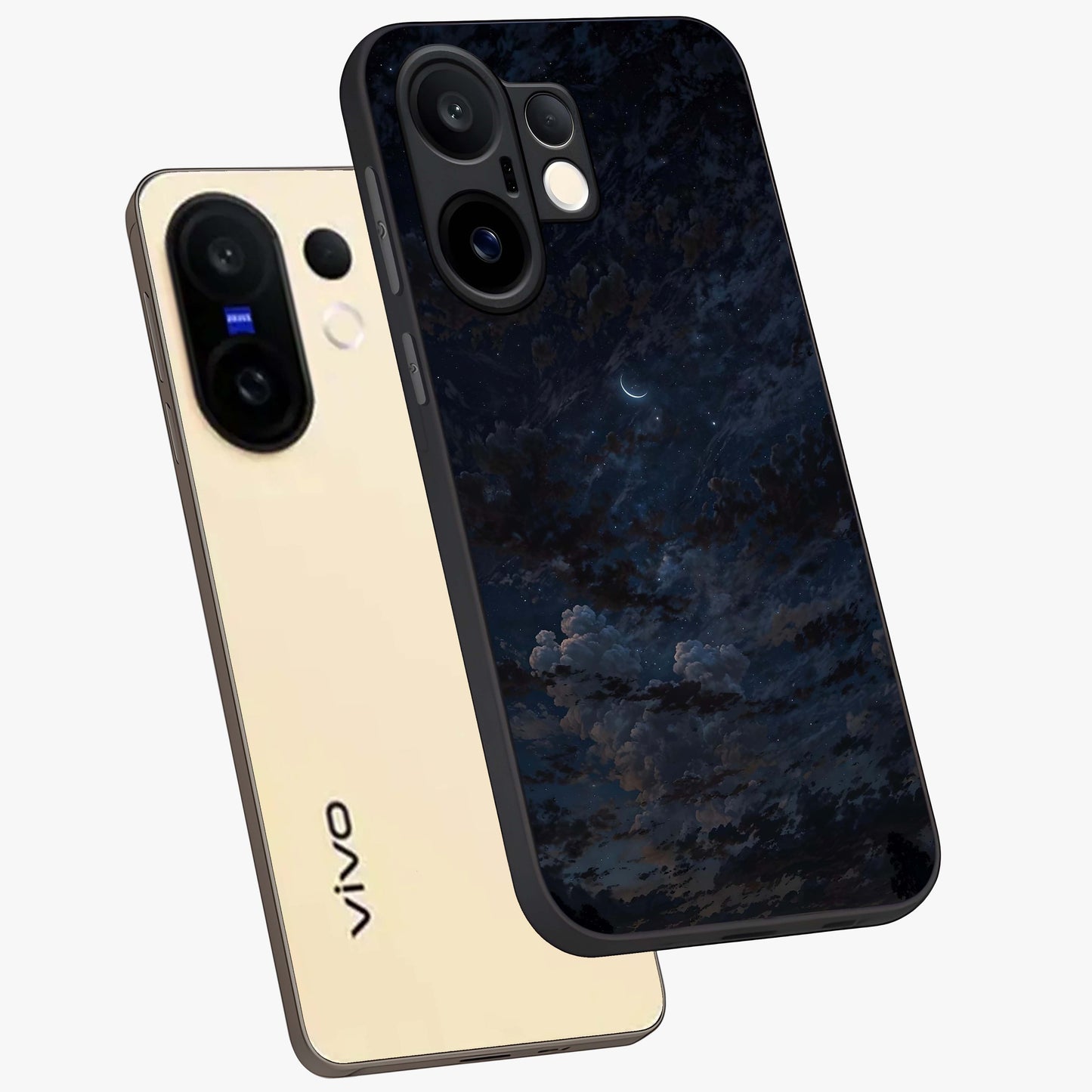 Lunar Veil Silence Glass Case displayed in angled mockup highlighting soft lunar design with peaceful celestial aesthetic.