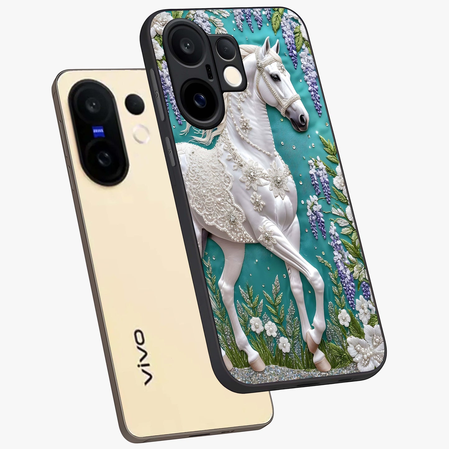 Majestic Floral Stallion Glass Case displayed in angled mockup highlighting majestic stallion illustration with elegant floral aesthetic.
