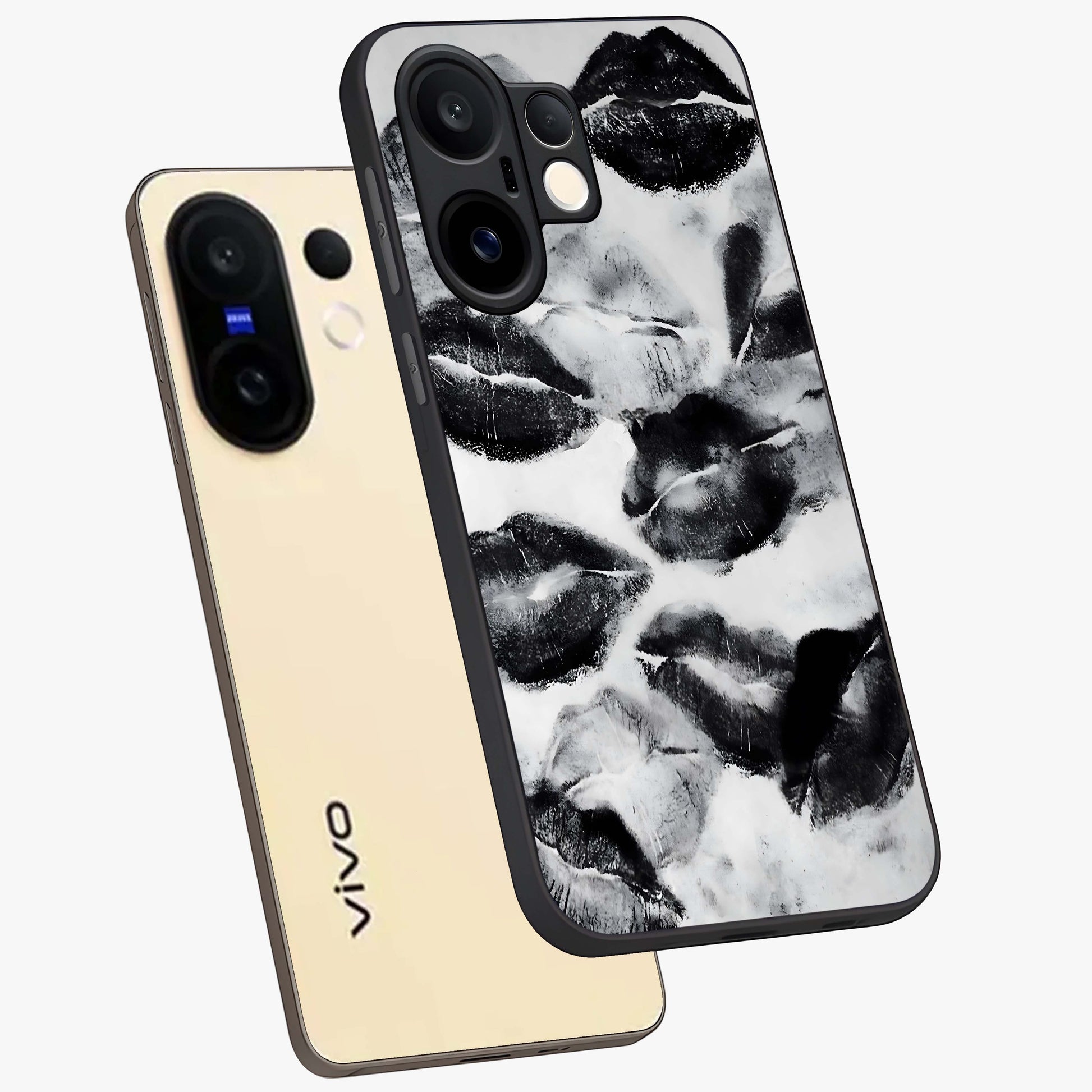 Midnight Kiss Marks Glass Case displayed in angled mockup highlighting playful romantic design with bold midnight aesthetic.