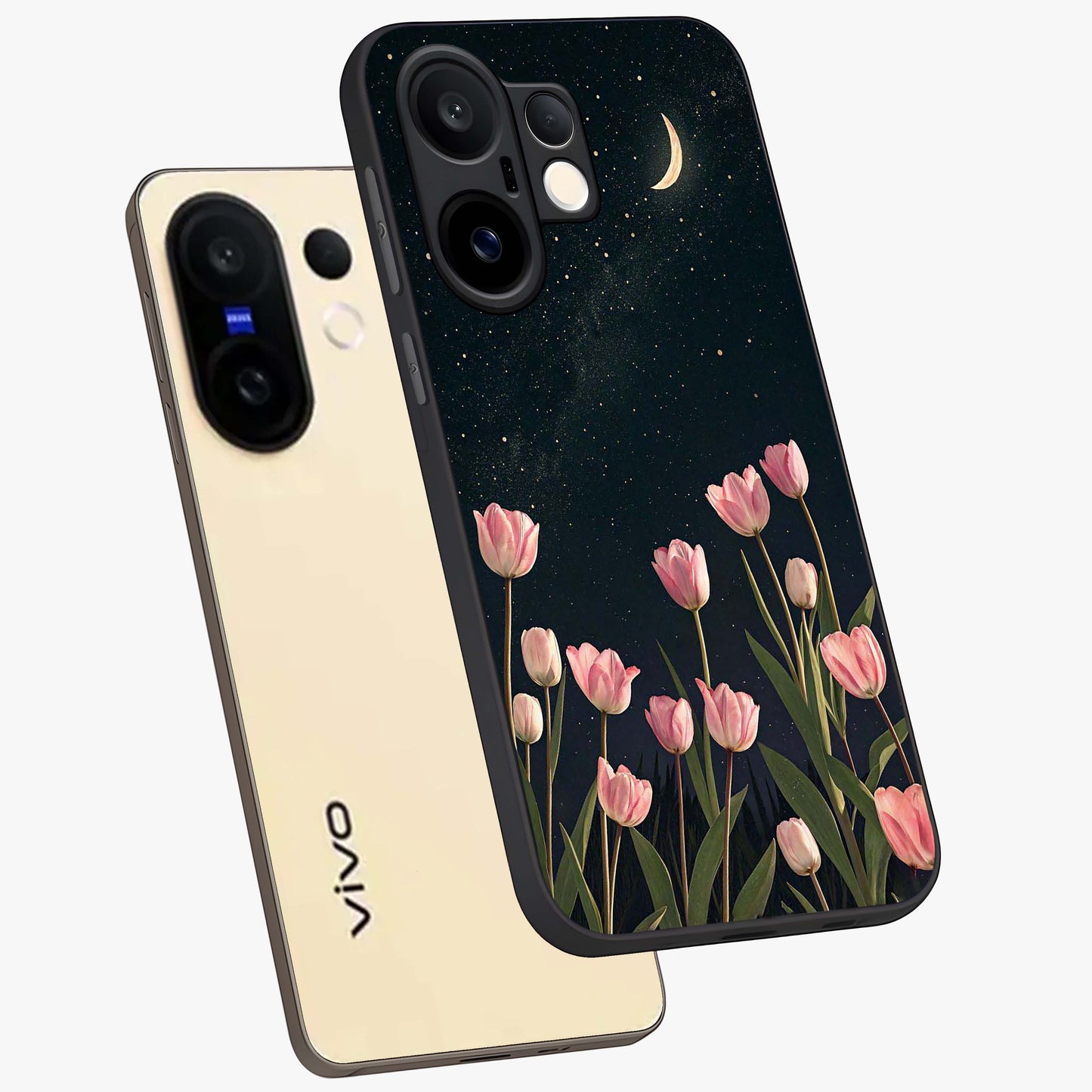Midnight Tulip Whispers Vibe Glass Case displayed in angled mockup highlighting delicate tulip design with midnight floral aesthetic.