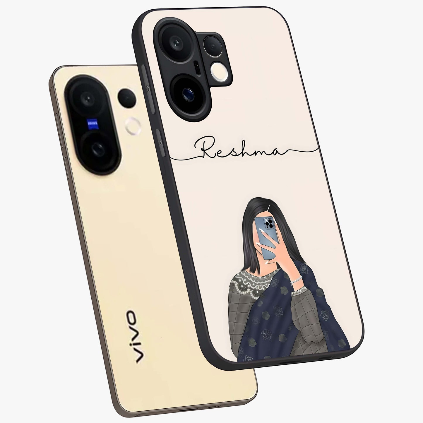 Mirror Mood Muse With Custom Name Glass Case displayed in angled mockup highlighting aesthetic mirror inspired design with custom name feature.