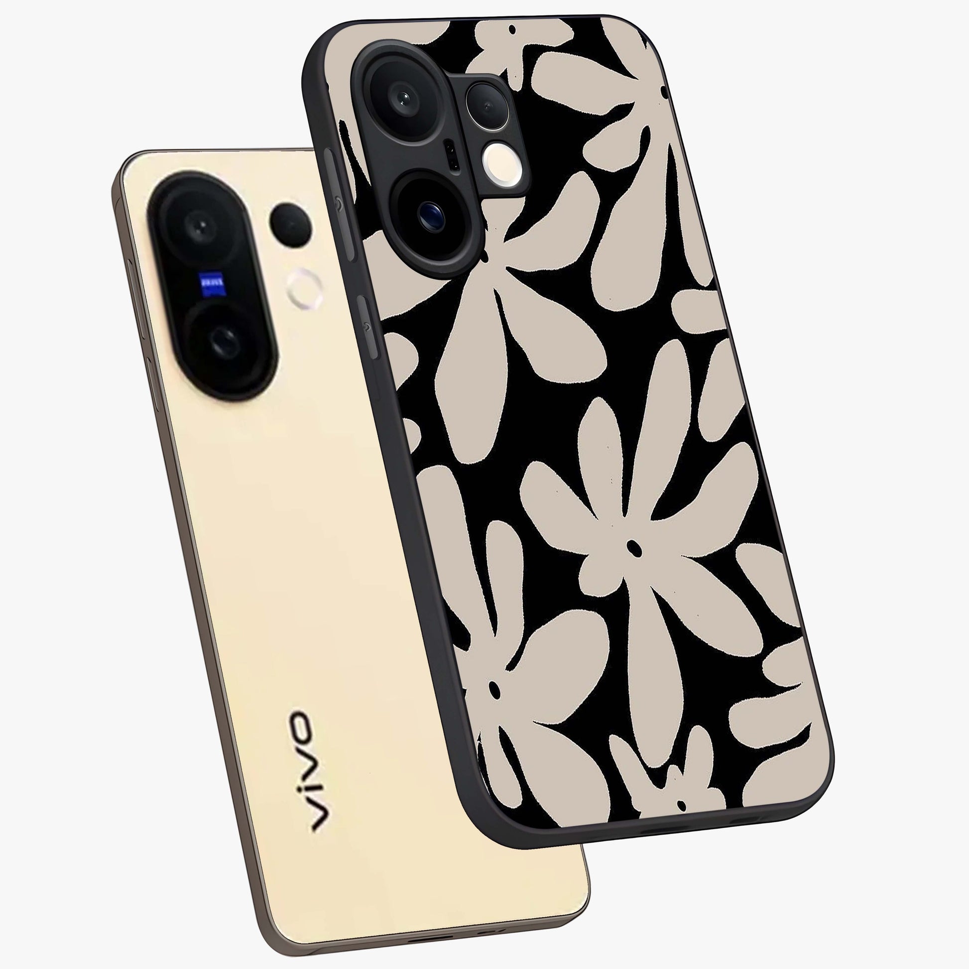 Monochrome Petal Dance Glass Case displayed in angled mockup highlighting elegant petal design with black and white aesthetic.