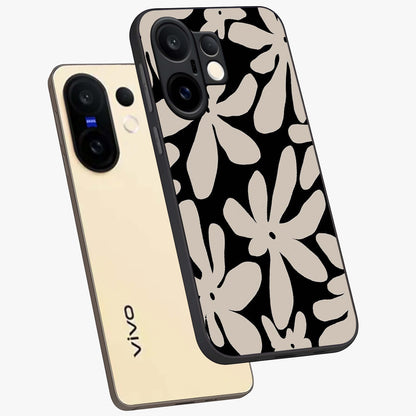 Monochrome Petal Dance Glass Case displayed in angled mockup highlighting elegant petal design with black and white aesthetic.