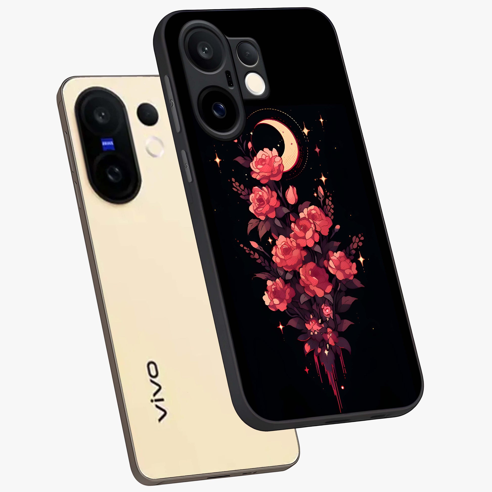 Moonlit Floral Elegance Glass Case displayed in angled mockup highlighting graceful flower design with soft moonlight aesthetic.